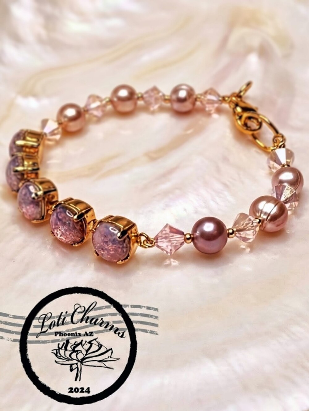 Pink Fire Opal Glass & Rose Opal AB Crystal Beads In Gold Plated Bracelet
